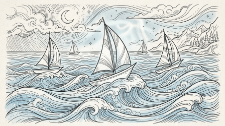Sailing boats on stylized ocean waves under a crescent moon and swirling clouds